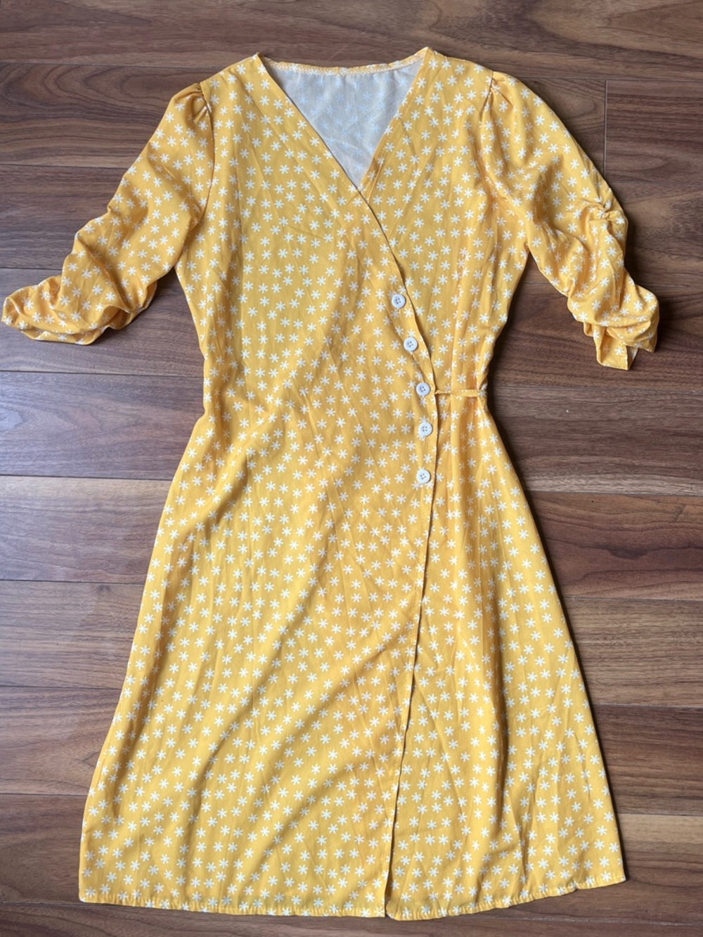 Yellow Floral Wrap Dress Women LongSleeve Spring Ribbon Adjustable Button Summer